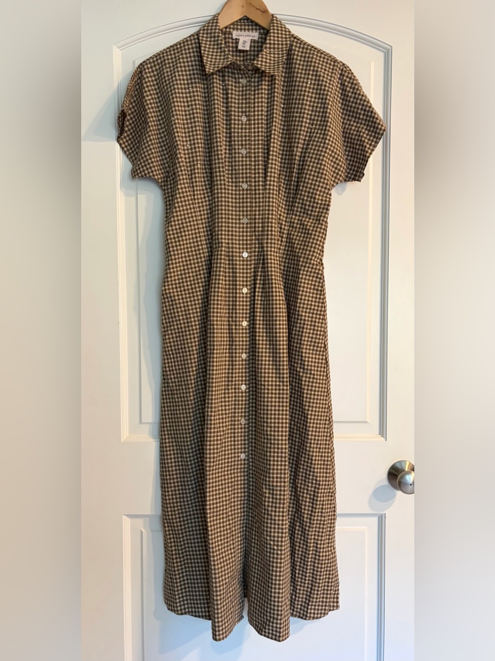 Laura Ashley Brown Gingham Cottage core Button-Front Midi Dress NWOT Size M